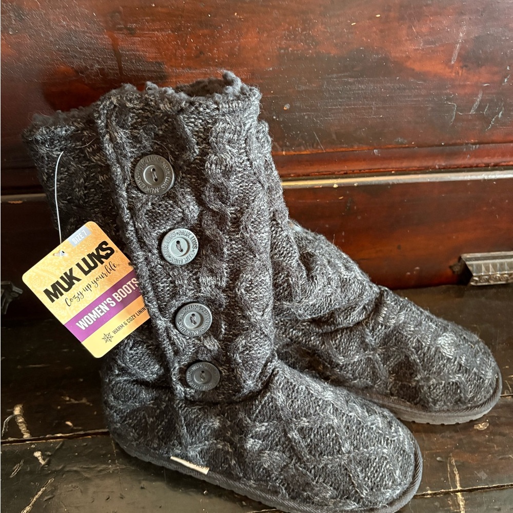 Muk Luks Women's Black Gray Knit Button Boot Lilyana